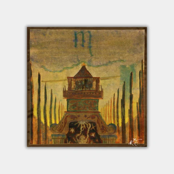 173_f8d5776f-175b-4637-8545-8b93f2110c9a.webp Šilkinė skarelė M.K. Čiurlionis - Saulė eina Skorpiono ženklu (68x68cm)