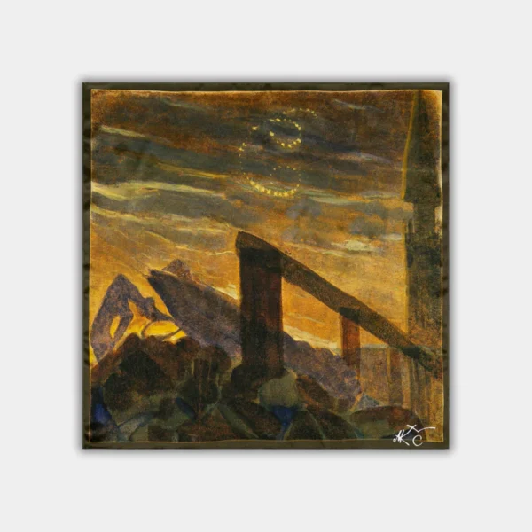 183_4d884af8-0d5e-49ed-98e7-3f2f14ad29f6.webp Šilkinė skarelė M.K. Čiurlionis - Saulė eina Vėžio ženklu (68x68cm)